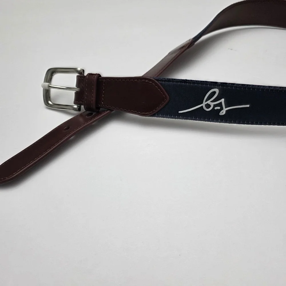 Boston Scott Men's Navy Blue Belt with Brown‎ Leather Trim and Silver Buckle
